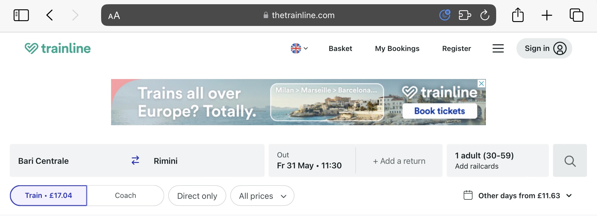 Screenshot showing looking at tickets from Bari Centrale to Rimini on the Trainline website, with an ad for Trainline with the text “Trains all over Europe? Totally.”