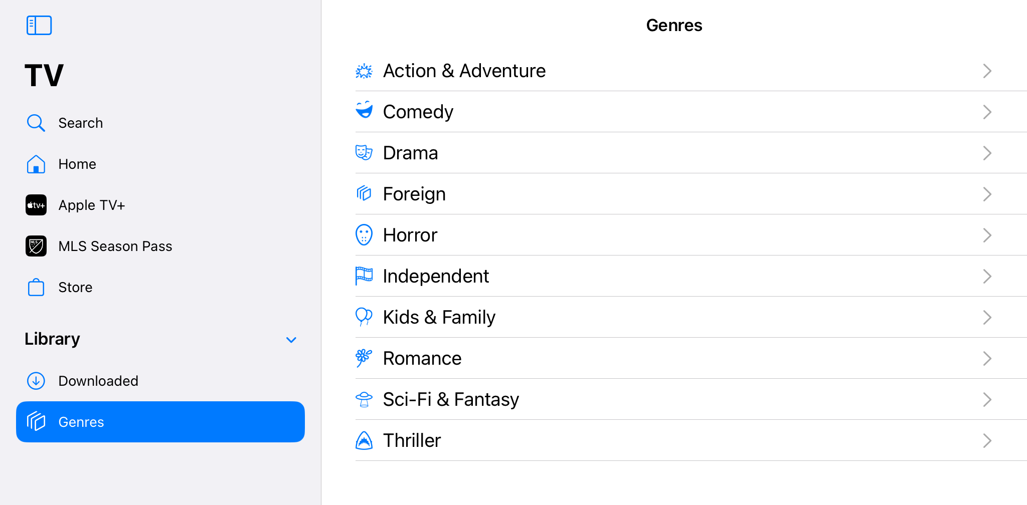 Screenshot of iPad TV app showing genres: Action & Adventure, Comedy, Drama, Foreign, Horror, Independent, Kids & Family, Romance, Sci-Fi & Fantasy, Thriller