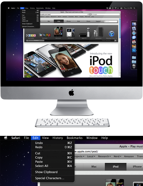 Neven Mrgan’s mockup of an iMac sporting a black menu bar with white text