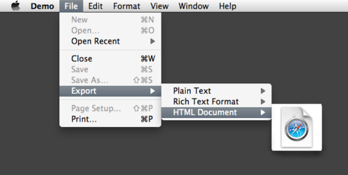 Mocked up screen shot of a large icon in the Mac OS X menu bar under File > Export
