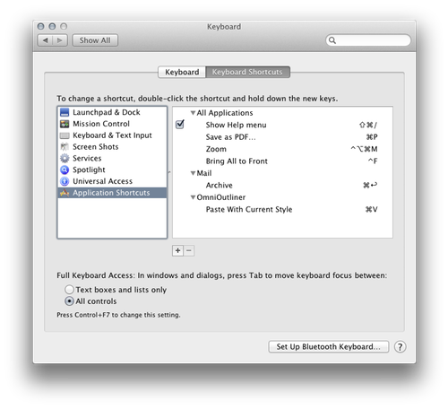 The Mac OS X Keyboard System Preferences pane, with ‘Application Shortcuts’ selected on the left