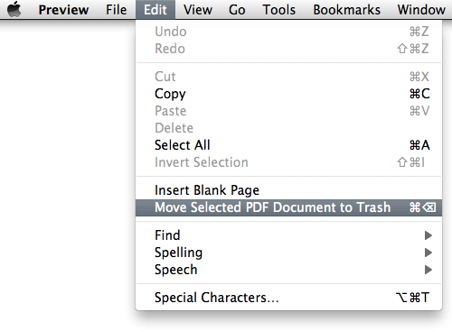 Screen shot of Preview menu bar with item under ‘Edit’ called ‘Move Selected PDF Document to Trash’