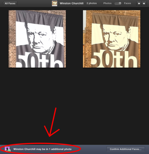 screen shot from iPhoto showing two photos of banners displaying the face of Churchill