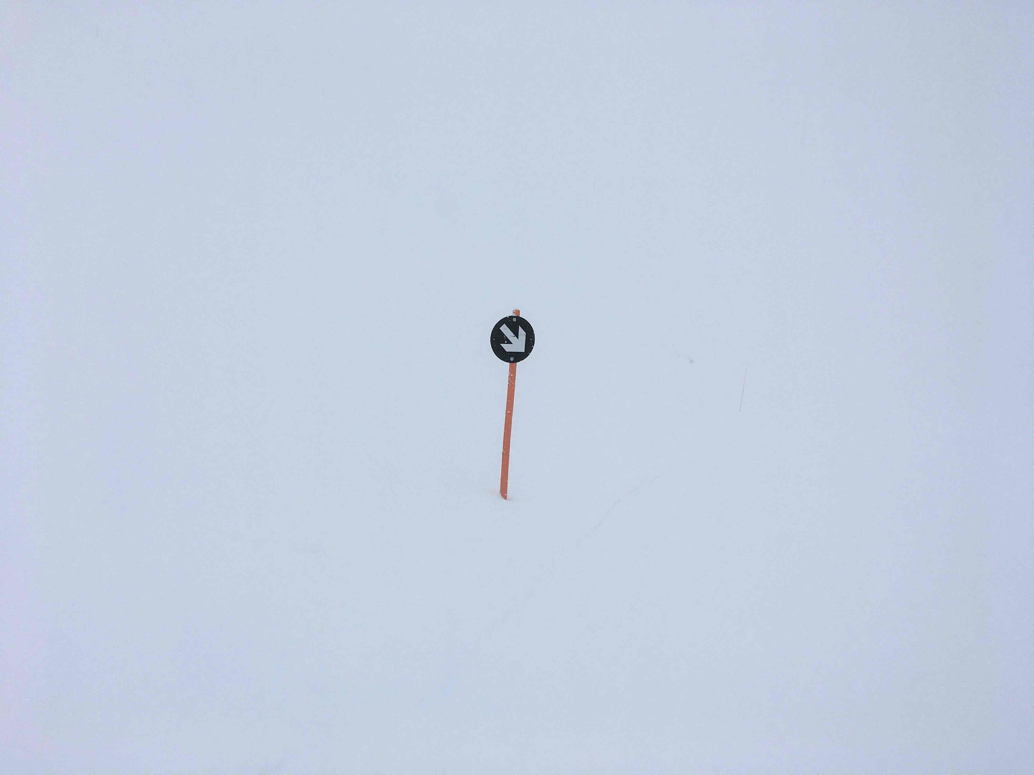 Ski run arrow marker with nothing else but pure white visible.