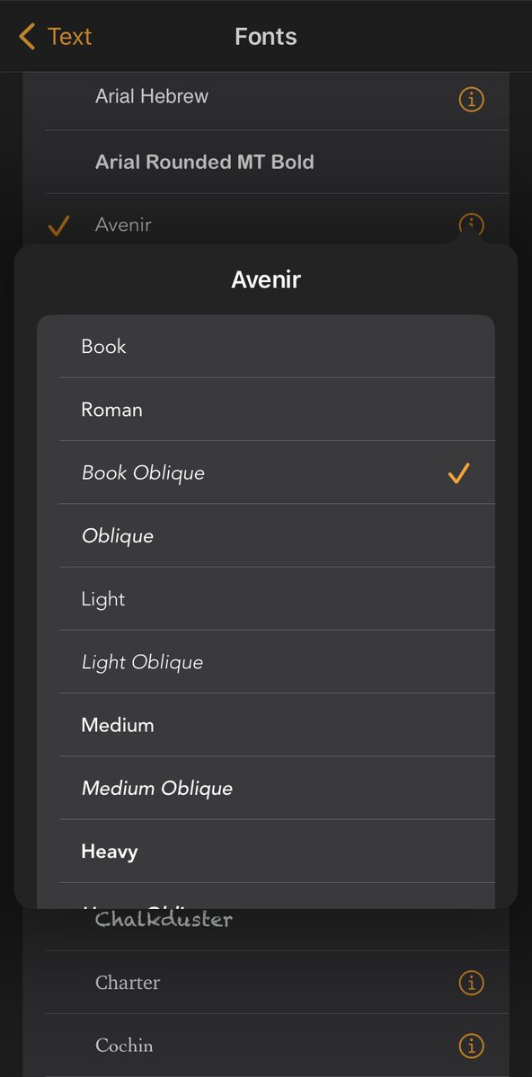 Screenshot of Pages font style picker in English.