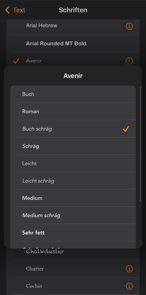 Screenshot of Pages font style picker in German.