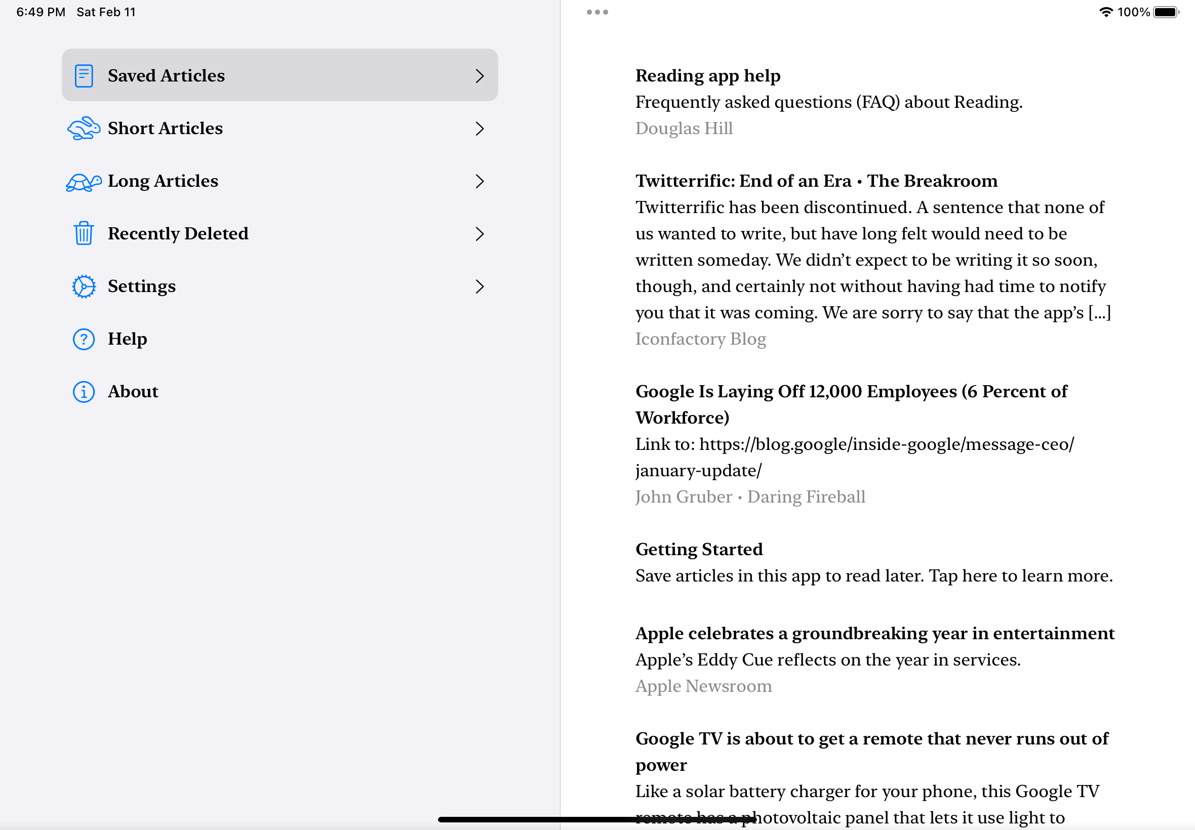 Screenshot of reading app showing a wider sidebar with a grey highlight.
