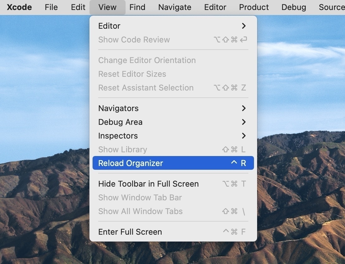 Screenshot of the Mac menu bar for Xcode with the View menu open and “Reload Organizer” highlighted. It has the keyboard shortcut control + R.