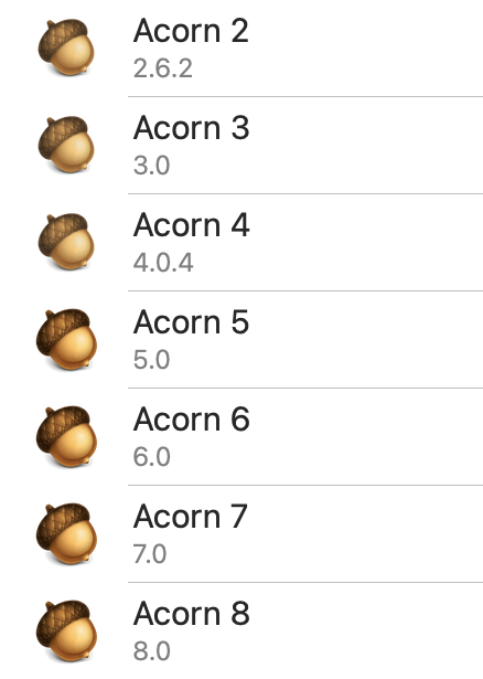 Screenshot showing a list of Acorn versions from 2 to 8