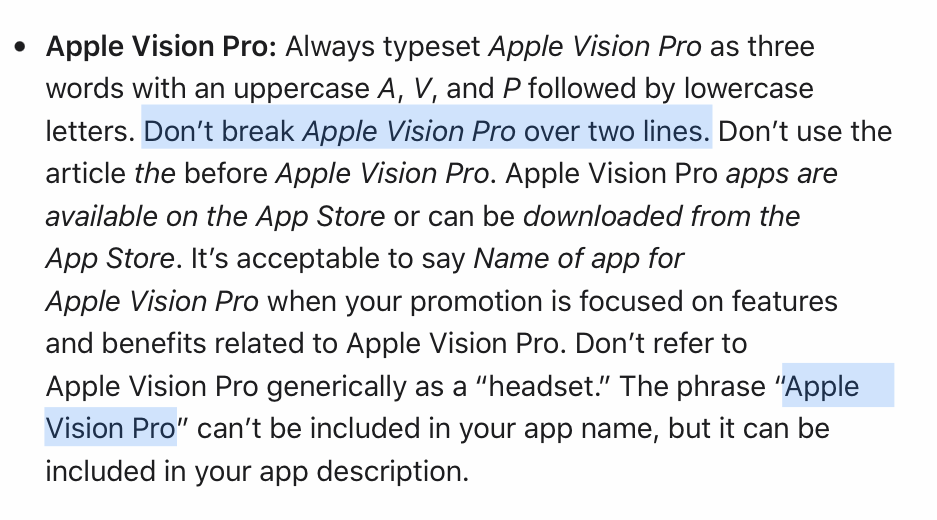 Screenshot of Apple webpage highlighting the text “Don’t break Apple Vision Pro over two lines.” and further down showing that same text split over two lines.