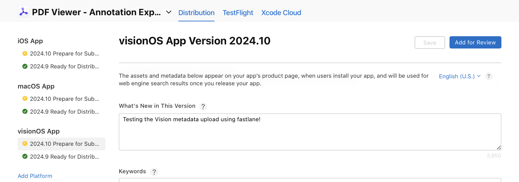 Screenshot of App Store Connect website for the PDF Viewer app. What's New in This Version for visionOS App Version 2024.10: Testing the Vision metadata upload using fastlane!