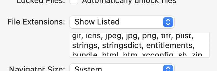 File Extensions: Show Listed: gif, icns, jpeg, jpg, png, tiff, plist, strings, stringsdict, entitlements, bundle, html, htm, xcconfig, sh, zip