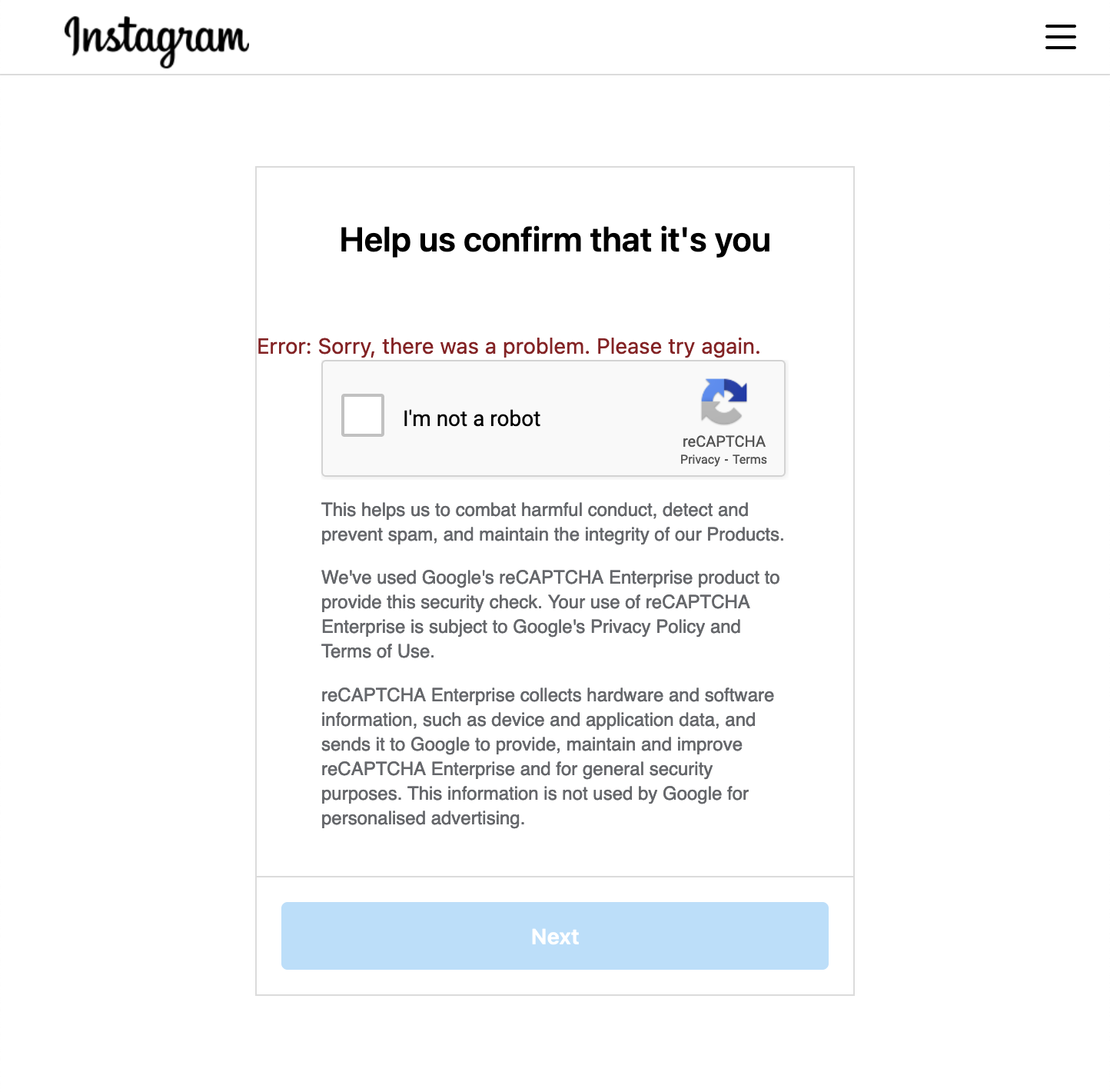 Screenshot of Instagram website showing a reCAPTACHA with the message “Error: Sorry, there was a problem. Please try again.”