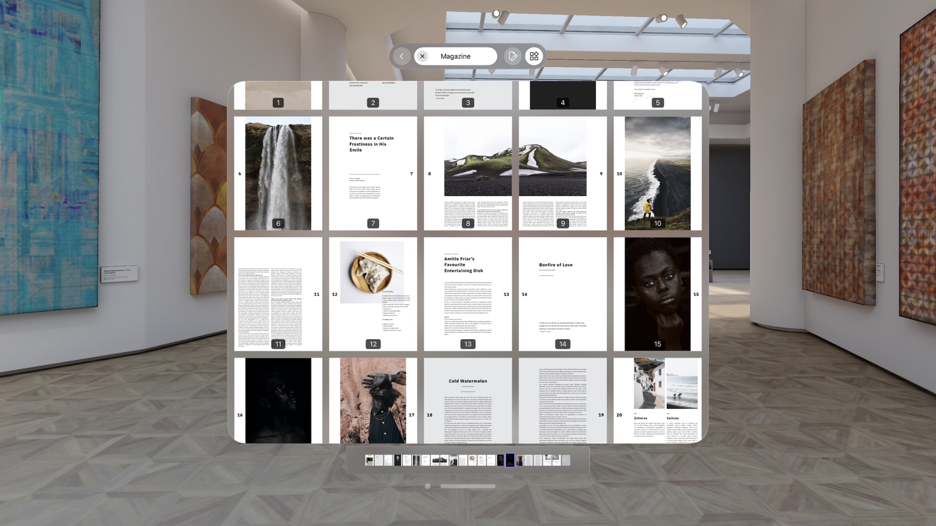 Screenshot showing a thumbnail grid of pages in a magazine in an Apple Vision Pro window in a museum.