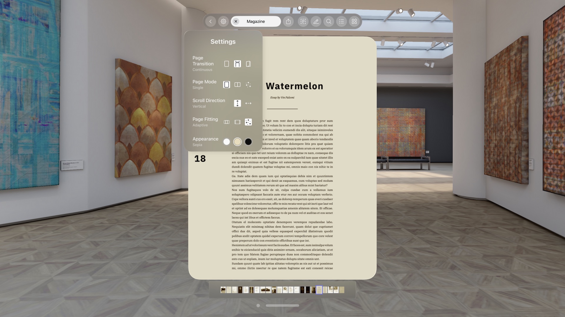 Screenshot of PDF Viewer app on Apple Vision Pro simulator with a document view settings open over a single sepia page of text