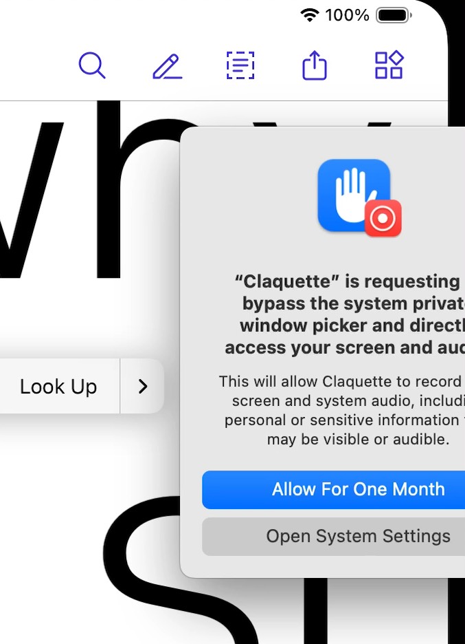 Screenshot of Mac alert: Claquette is requesting bypass the system private window picker and direct access your screen and audio