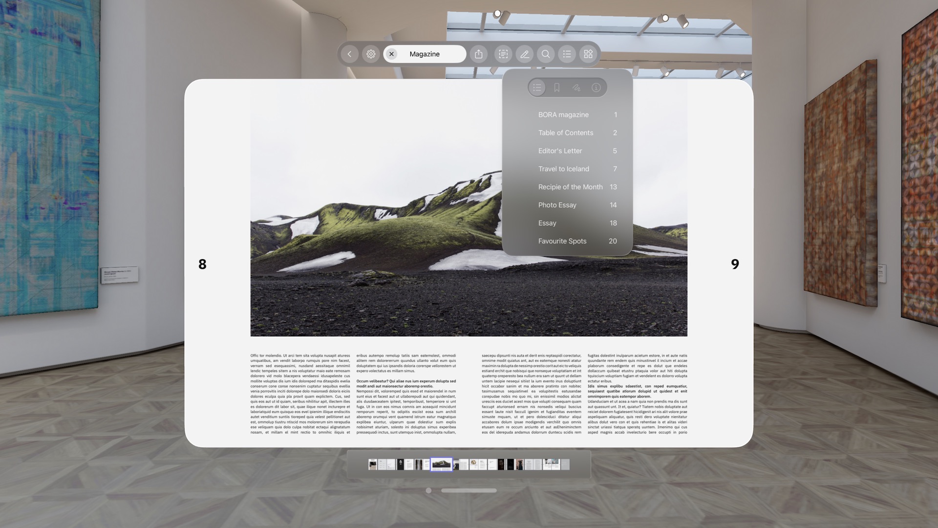 Screenshot of PDF Viewer app on Apple Vision Pro simulator with a document outline open over a double page spread showing snowy hills