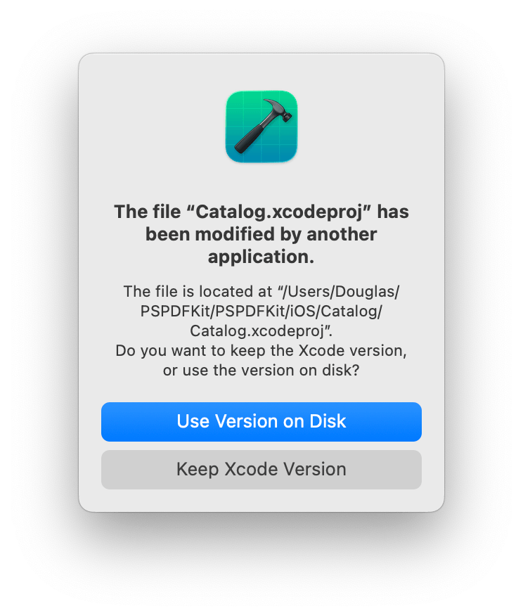 Screenshot of alert from Xcode: The file 