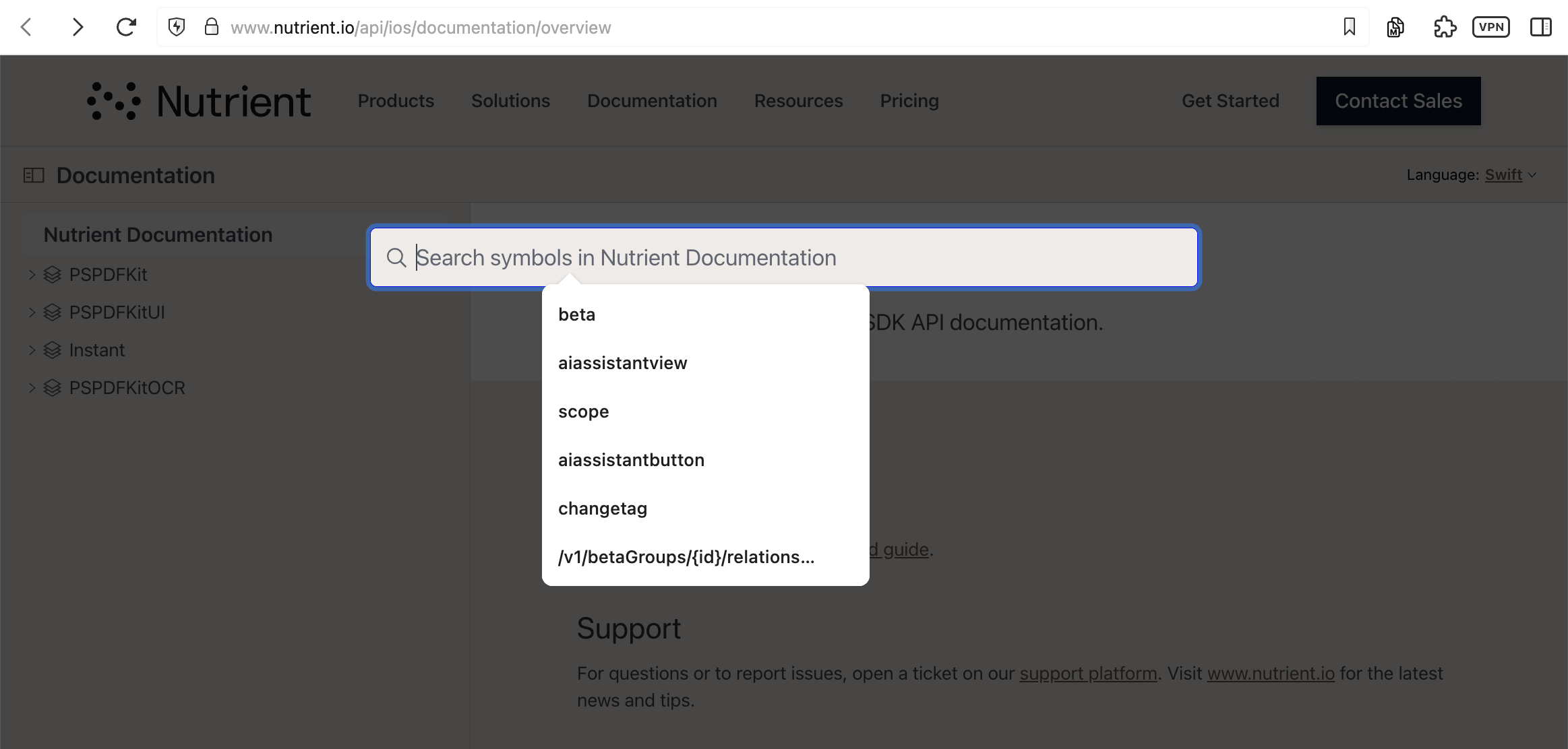 Screenshot of Vivaldi browser showing suggestions in Nutrient API documentation search: beta, aiassistantview, scope, aiassistantbutton, changetag, v1/betaGroups/{id}/relations