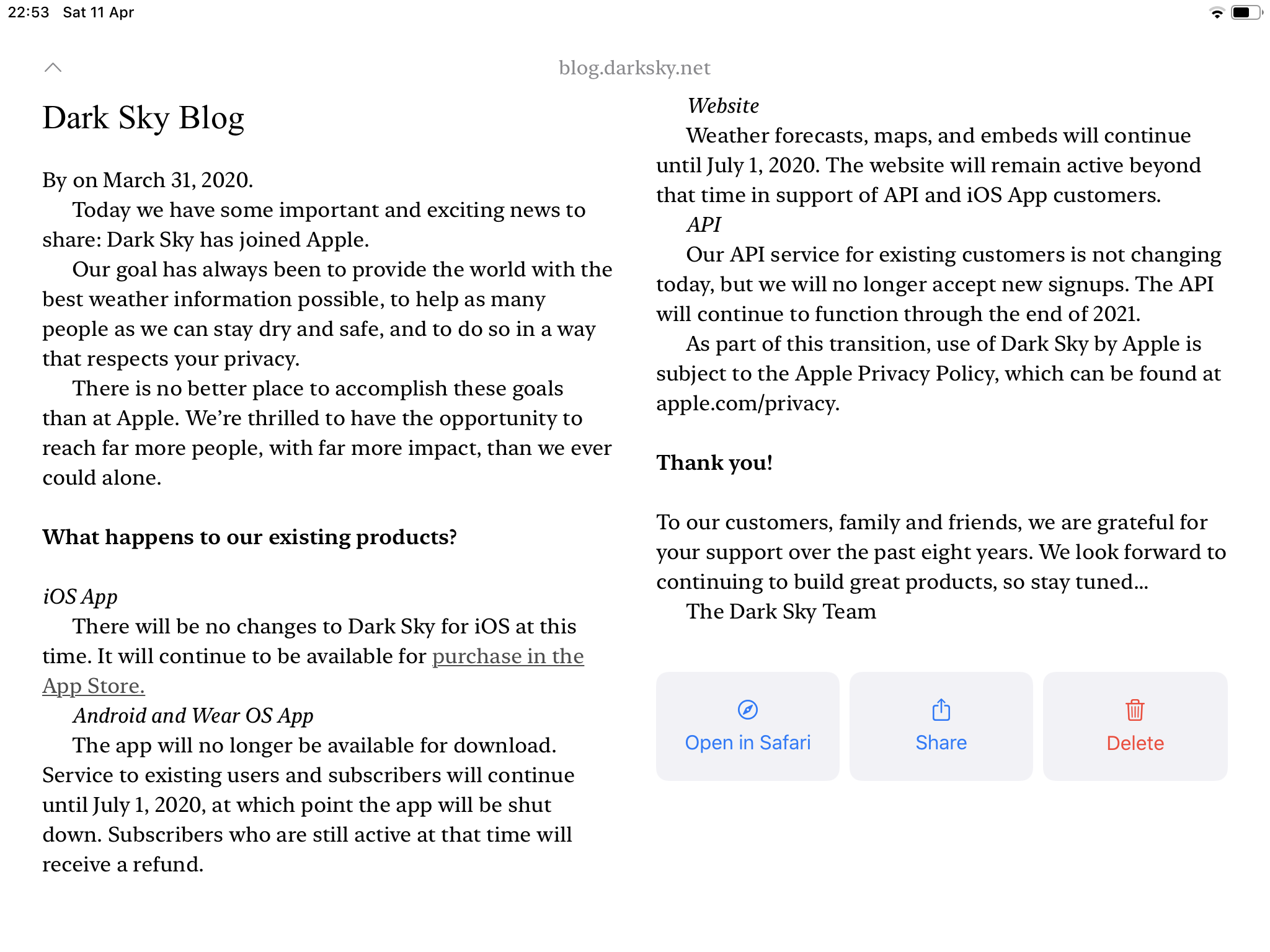 Screenshot of reading app on iPad. It shows two columns of text. The article is from the Dark Sky Blog. There are three buttons are at the bottom of the right-hand column: Open in Safari, Share, and Delete.