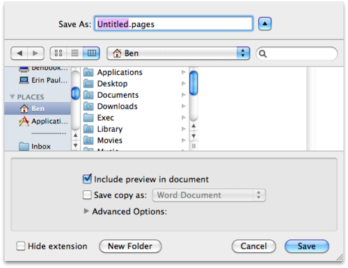 Screen shot of Mac OS X save dialogue box with numerous buttons, columns, check boxes and a collapsed ‘Advanced Options’ disclosure triangle