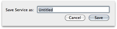 Screen shot of Automator’s save Service dialogue box which just contains a name field with cancel and save buttons