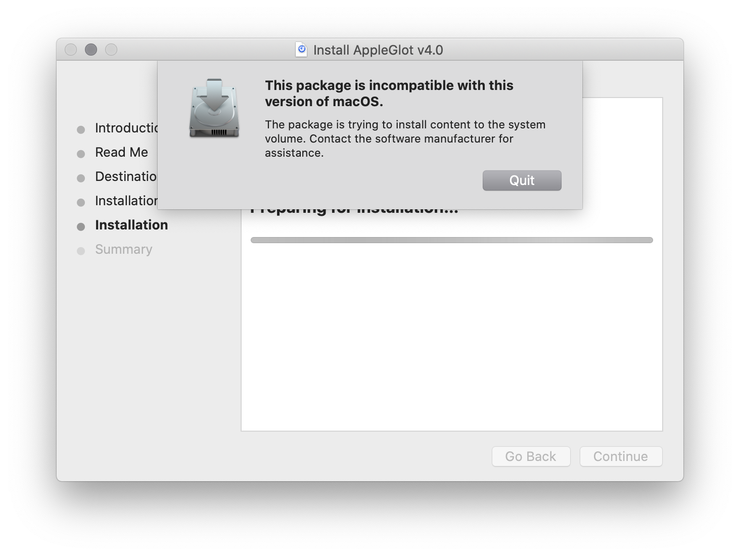 Screenshot of Installer on Mac. The text reads: Install AppleGlot v4. This package is incompatible with this version of macOS.