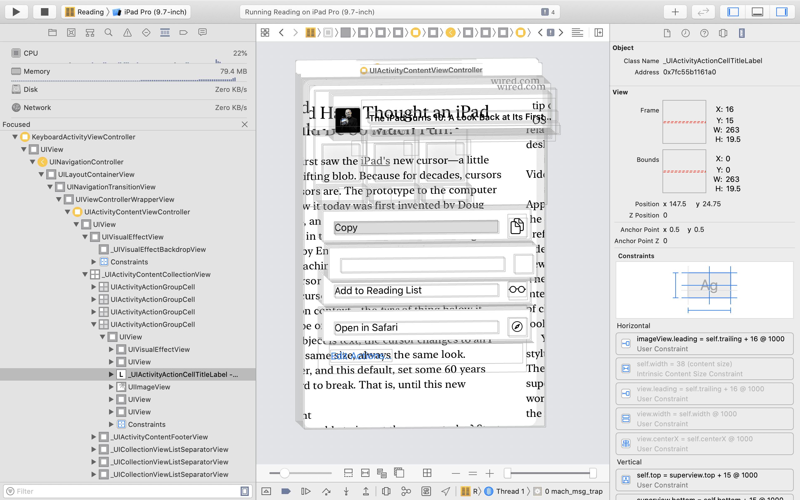 Screenshot of the Xcode view debugger showing the Copy item in the share sheet, then a blank row, then Add to Reading List, and finally Open in Safari.