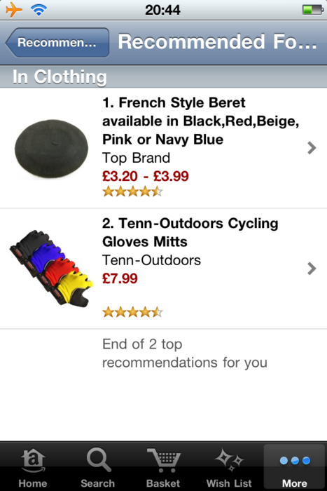 screen shot from Amazon iPhone app showing suggestions, in the clothing department, of French style beret and cycling gloves