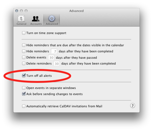 Screen shot of the advanced pane of iCal’s preferences. A red circle is drawn around the option to turn off all alerts