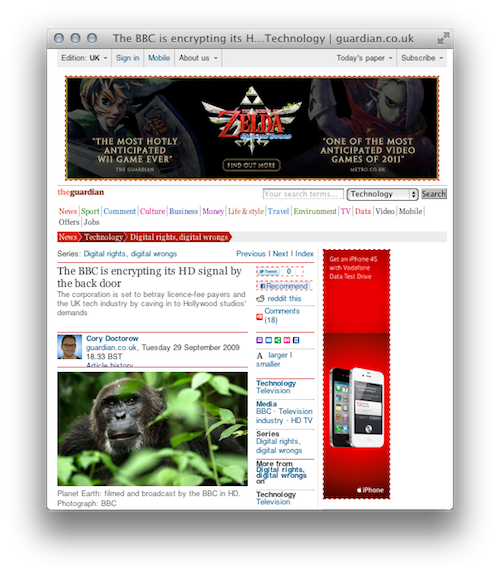 screen shot of a webpage from The Guardian showing ads for Zelda Skyward Sword and iPhone 4S
