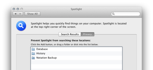 Screen shot of System Preferences window, showing a ‘History’ folder added in the Privacy tab.