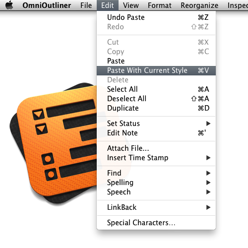 OmniOutliner’s Edit menu, showing how the ‘Paste With Current Style’ command now has the keyboard shortcut command-V