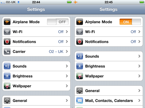 Side by side screen shots of the top of the iPhone Settings app, the first beginning with the rows: Airplane Mode (OFF), Wi-Fi, Notifications, Carrier and Sounds and the second beginning with: Airplane Mode (ON), Wi-Fi, Notifications and Sounds