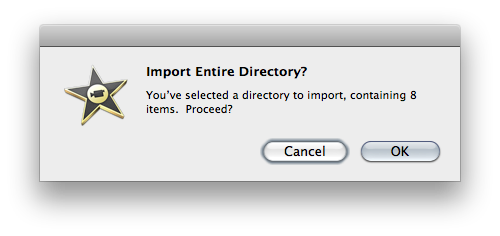 screen shot of iMovie message box reading: Import Entire Directory?