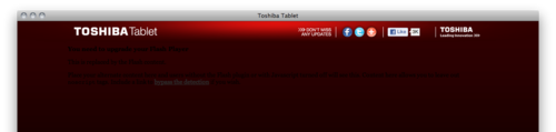 screen shot of Toshiba Tablet website, with black text on a dark red to black background. Transcript below.