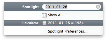 Screen shot showing spotlight. It is doing a calculation: 2011-01-26 = 1984.
