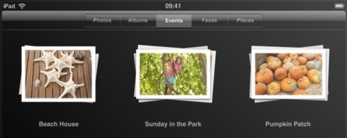 screen shot of the iPad Photos app, which uses a segmented control to choose from Photos, Albums, Events, Faces or Places
