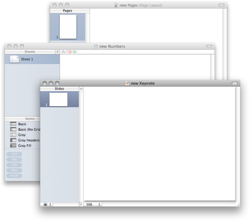 Screen shot showing document windows from Keynote, Numbers and Pages with no toolbars. At the top of the window there is only the title bar. The documents are empty; just full of white.