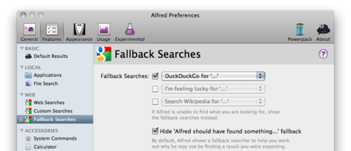 A screen shot of Alfred's preferences window. DuckDuckGo is chosen as the only fallback search to be used.