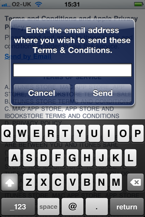 screen shot from the iPhone showing a message box asking for an email address to send the terms and conditions to. The input is done with a text field.