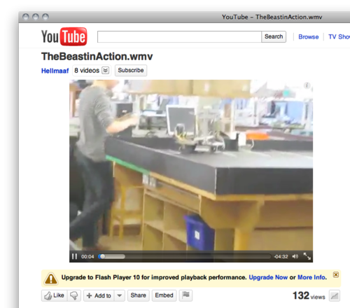 screen shot of video on YouTube. Box below video says: Upgrade to Flash Player 10 for improved playback performance