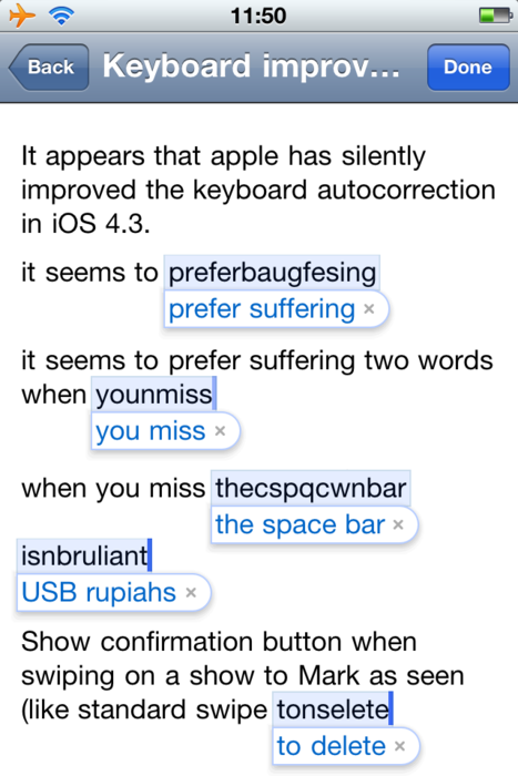 mocked up iPhone image showing keyboard suggestions such as changing ‘younmiss’ to ‘you miss’