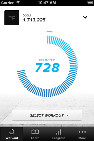 Screen shot from the Touchfit: Georges St-Pierre app showing velocity of 728