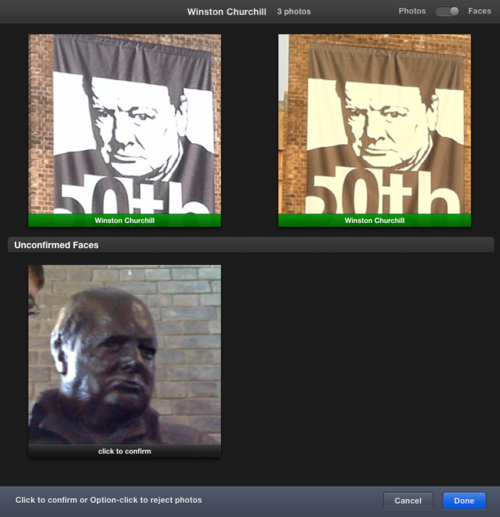 screen shot from iPhoto suggesting that a bust of Churchill be labelled as being him