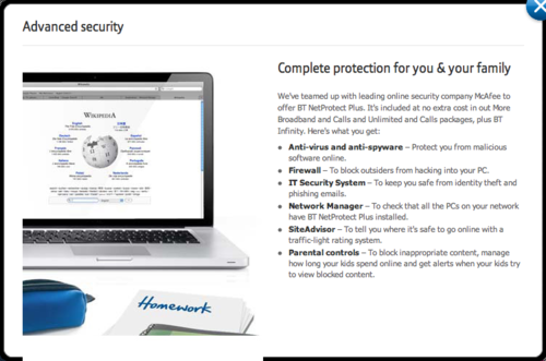 screen shot from webpage advertising ‘advanced security features with a picture of a MacBook Pro’