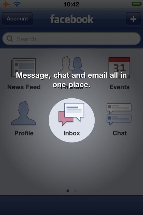 screen shot showing the Facebook iPhone application’s main screen with a spotlight on ‘Inbox’ saying “Message, chat and email all in one place”