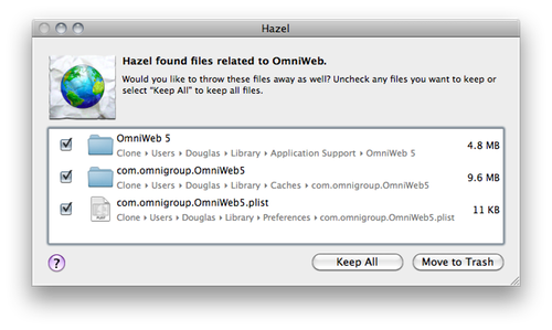 Screen shot of Hazel’s App Sweep window, offering to delete three files relating to OmniWeb
