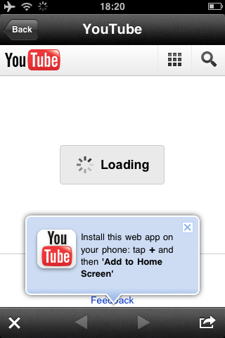 YouTube web app shown in Reeder’s build in browser with a message bubble pointing at a gap in the toolbar. It expects to be opened in Safari where the arrow would point at the plus button in the toolbar.