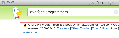screen shot of a DuckDuckGo search for ‘java for c programmers’ showing a result of a book called ‘C for Java for Programmers’